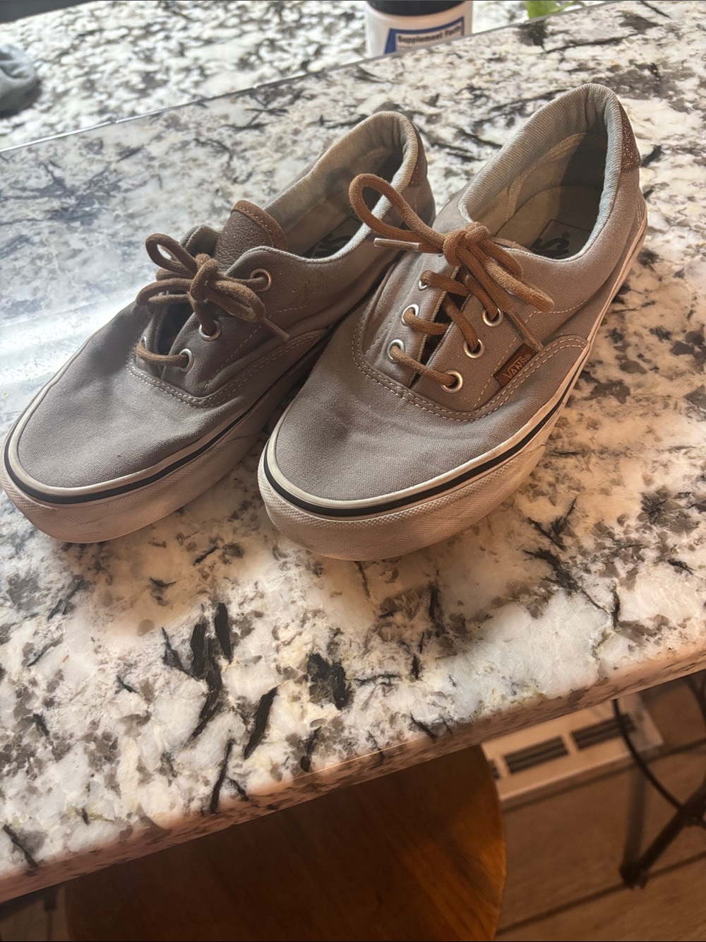 Vans Men’s Low-Top Canvas Sneakers in Light Gray with Brown Accents